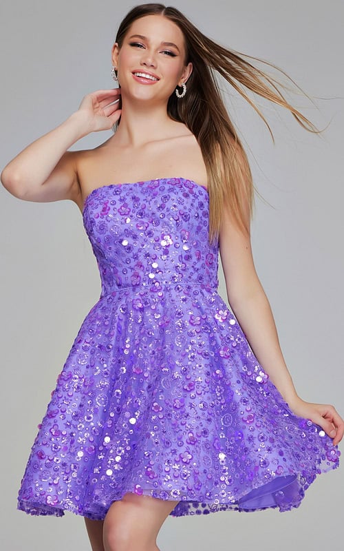 model in lilac K23685 dress showcasing strapless fitted bodice with sequins