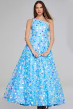 Model wearing K23877 dress from the front displaying asymmetrical neckline and vibrant colors.