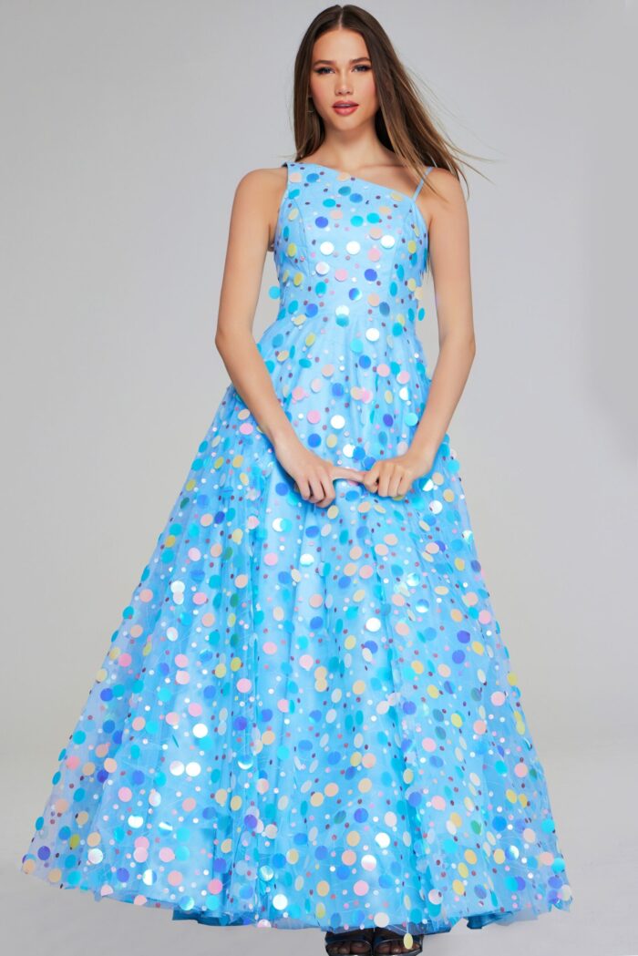 Model wearing K23877 dress from the front displaying asymmetrical neckline and vibrant colors.
