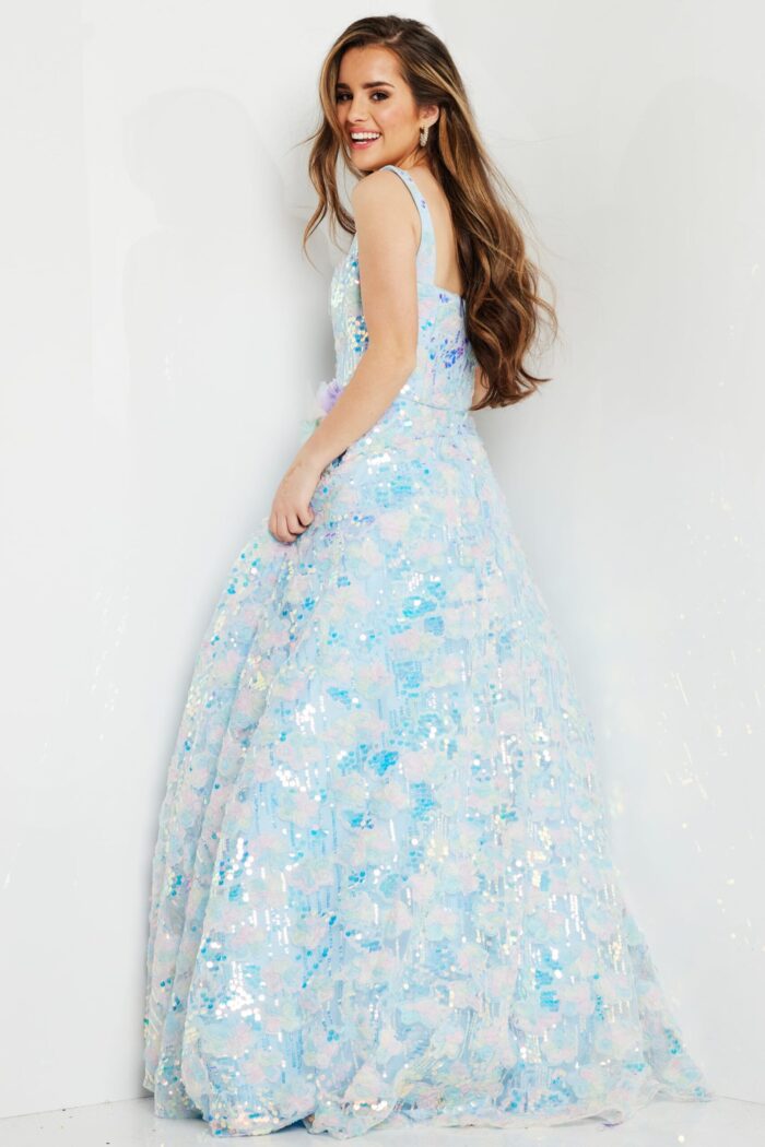 Back view of model wearing K23955 multi-colored gown highlighting the back detailing.