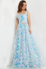 Front angle view of model wearing K23955 gown featuring floral embellishments.