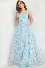 Model wearing K23955 gown; close-up of the sequin and floral embellishments.