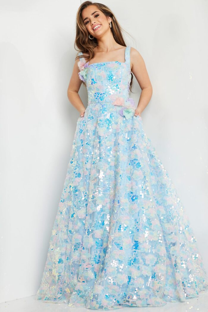 Model wearing K23955 gown; close-up of the sequin and floral embellishments.
