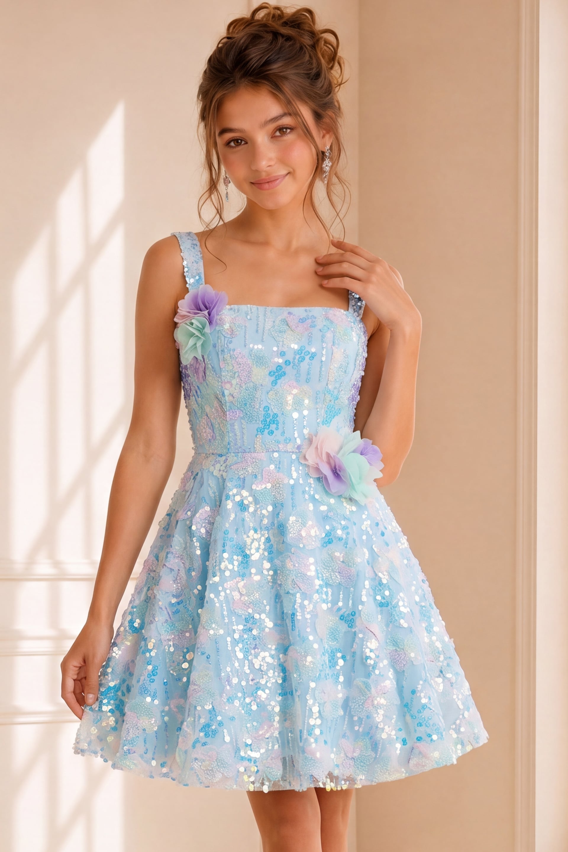 Blue Floral Fit and Flare Short Dress K23956