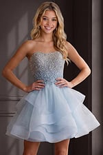 light blue fit and flare dress with crystal beaded sweetheart bodice and tiered tulle skirt