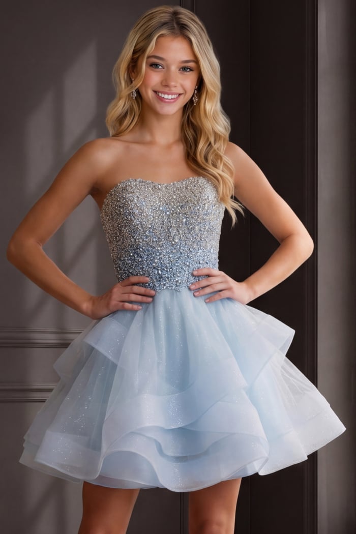light blue fit and flare dress with crystal beaded sweetheart bodice and tiered tulle skirt