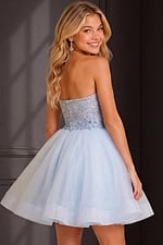 back view of light blue dress with beaded bodice and tiered tulle skirt