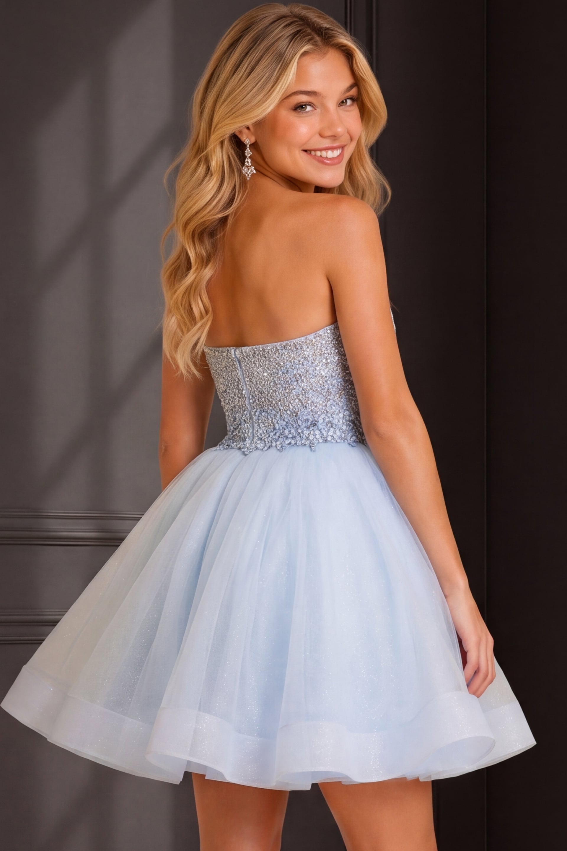 Jovani K24050 Ice Blue Fit and Flare Embellished Short Dress | Jovani