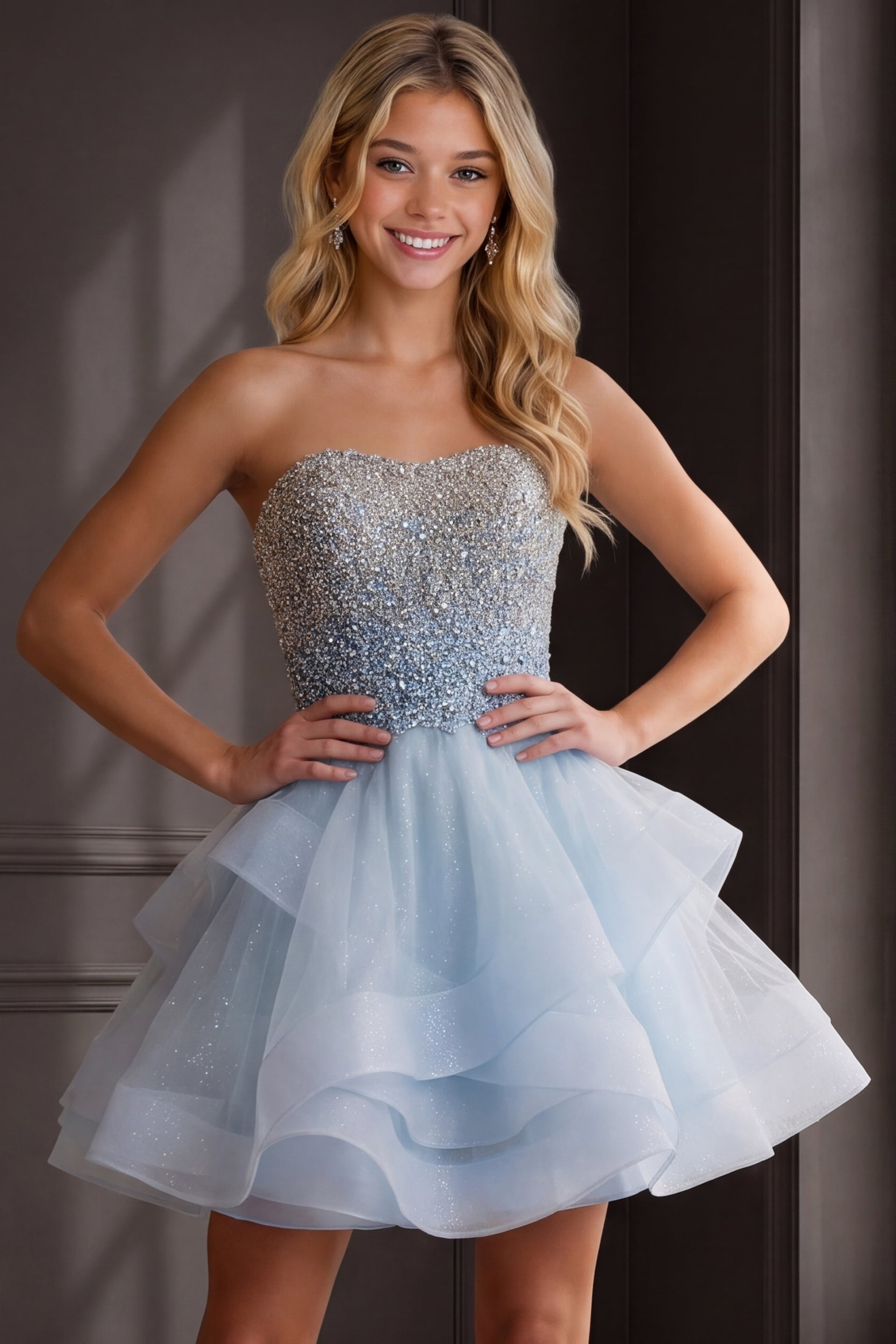 Jovani K24050 Ice Blue Fit and Flare Embellished Short Dress | Jovani