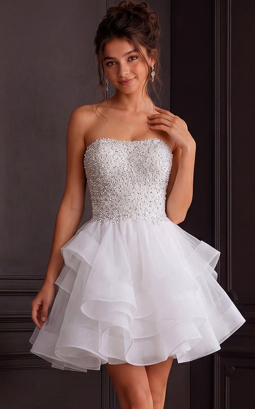 Model wearing Jovani K24050 ivory dress with embellished bodice, front view.