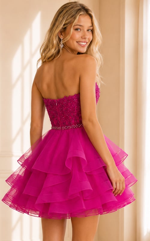 back view of fuchsia ruffle dress with lace bodice and beaded belt