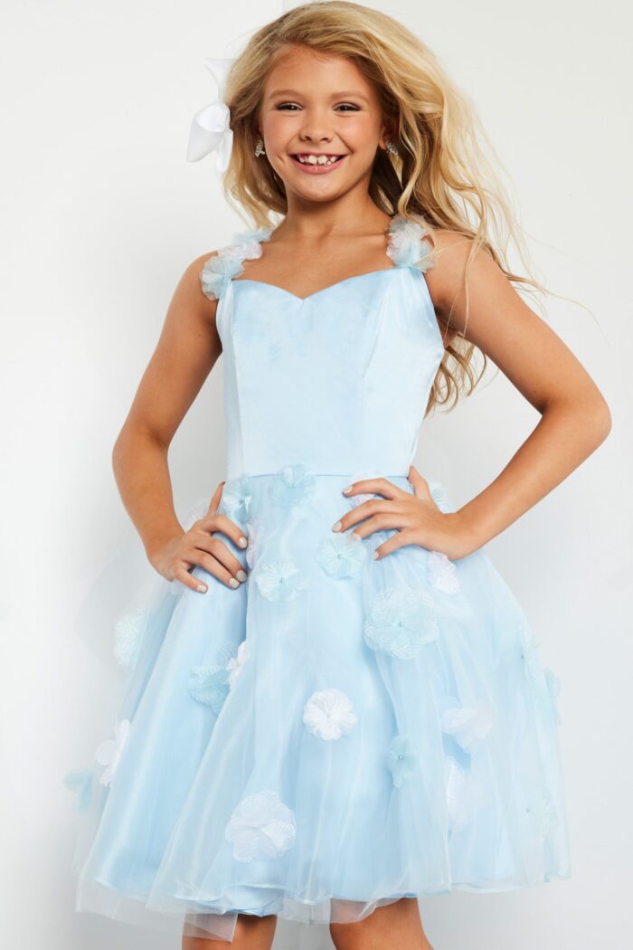 Model wearing Jovani K25989 blue dress featuring floral accents and sweetheart neckline