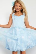 Model wearing Jovani K25989 blue dress with floral details and A-line silhouette