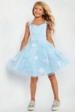Full view of model in Jovani K25989 blue dress showing A-line style and floral embellishments