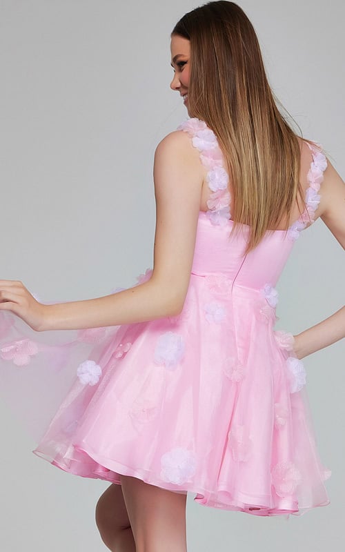 Back view of K25989 pink dress with floral embellishments