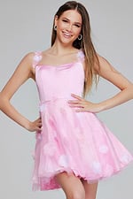 Model wearing K25989 pink dress with floral details and sweetheart neckline