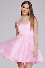 Model in K25989 pink dress showcasing flared skirt