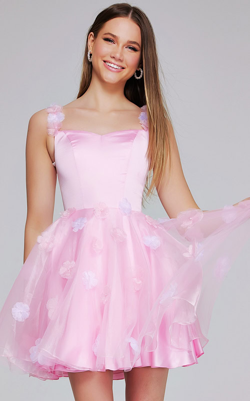 Model wearing K25989 pink dress front view with floral accents