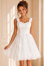 white 3D floral applique dress with sweetheart bodice and floral straps