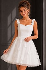 white floral applique fit and flare dress with sweetheart neckline