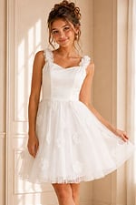 white 3D flower tulle dress with full a line skirt, front view