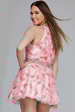 Model wearing K26290 pink dress, back view showcasing halter design.