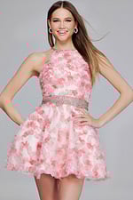 Model wearing K26290 pink dress showing floral details, front view.