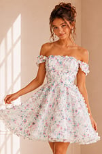 Model wearing K26293 off-shoulder floral dress front view