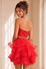 strapless corset bodice red dress with jewled belt K3099