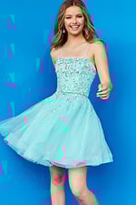 Jovani K3641 blue dress front view, featuring square neckline and embellished bodice