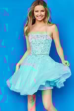 Model wearing Jovani K3641 blue dress with a square neckline and embellished bodice, front view