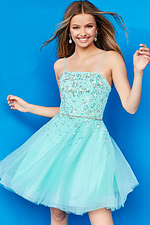 Model wearing Jovani K3641 blue dress, full-length front view with embellished bodice