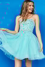 Model in front view of Jovani K3641 blue dress, highlighting the embellished bodice