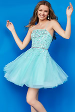 Full-length front view of Jovani K3641 blue dress with detailed bodice