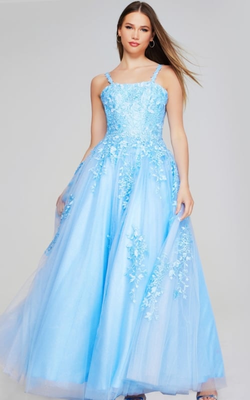 Model wearing Jovani K38098 light blue dress with floral appliqué from the front