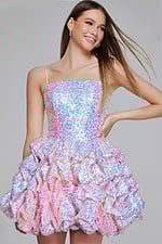 Stunning K38108 pink mini dress featuring a sparkling bodice and full ruffled skirt.