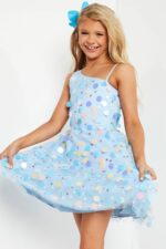 Jovani K38147 front view, vibrant multi-colored mini dress with sequins.