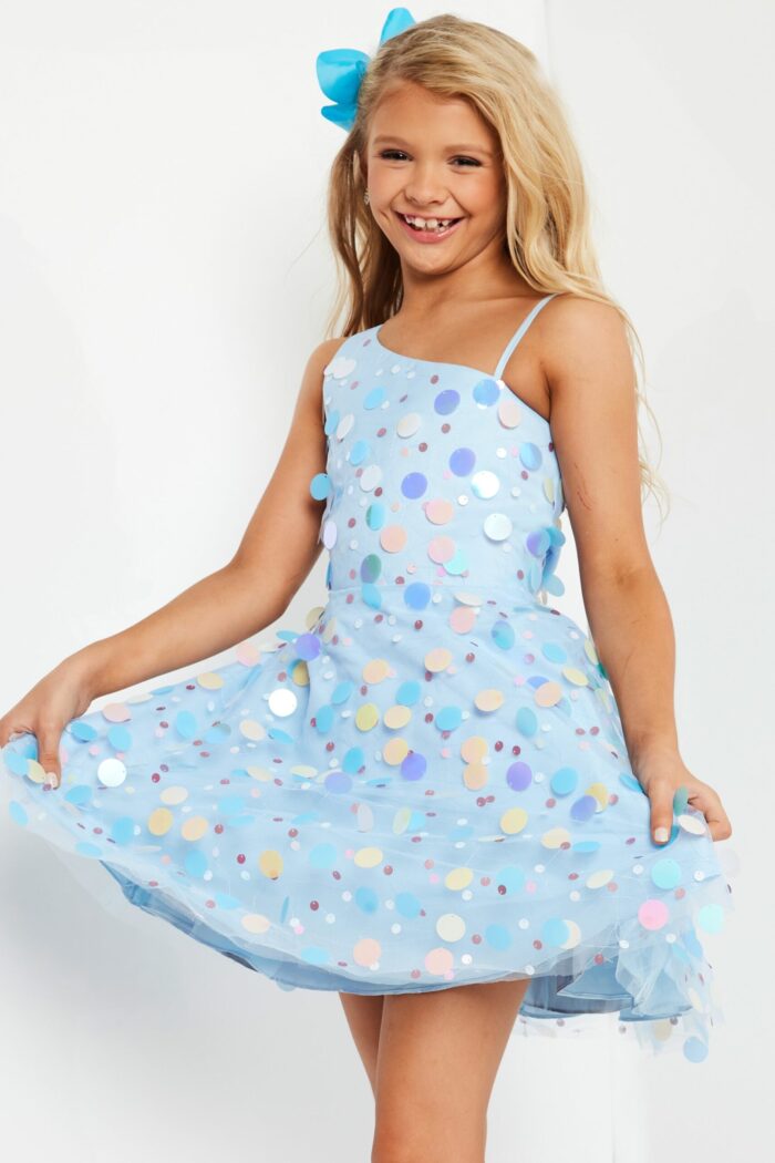Jovani K38147 front view, vibrant multi-colored mini dress with sequins.