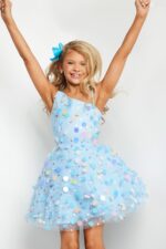 Model in Jovani K38147 blue multi sequined mini dress.