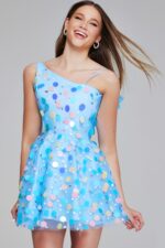 Jovani K38147 front view mini dress in multi-color with sequins.