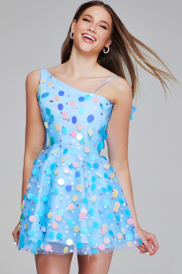 Jovani K38147 front view mini dress in multi-color with sequins.