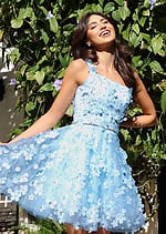 Jovani K38259 light blue sleeveless short A line dress with 3D floral appliques, scattered crystal accents, beaded waistband, and tulle flare skirt