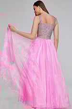 Back view of model in Jovani K38261 pink dress with detailed bodice.