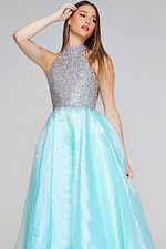 Model wearing Jovani K38262 light turquoise dress in front view