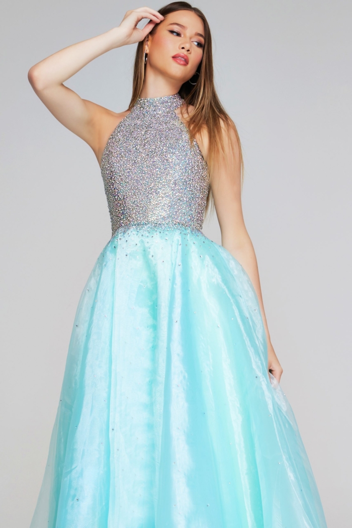 Model wearing Jovani K38262 light turquoise dress in front view