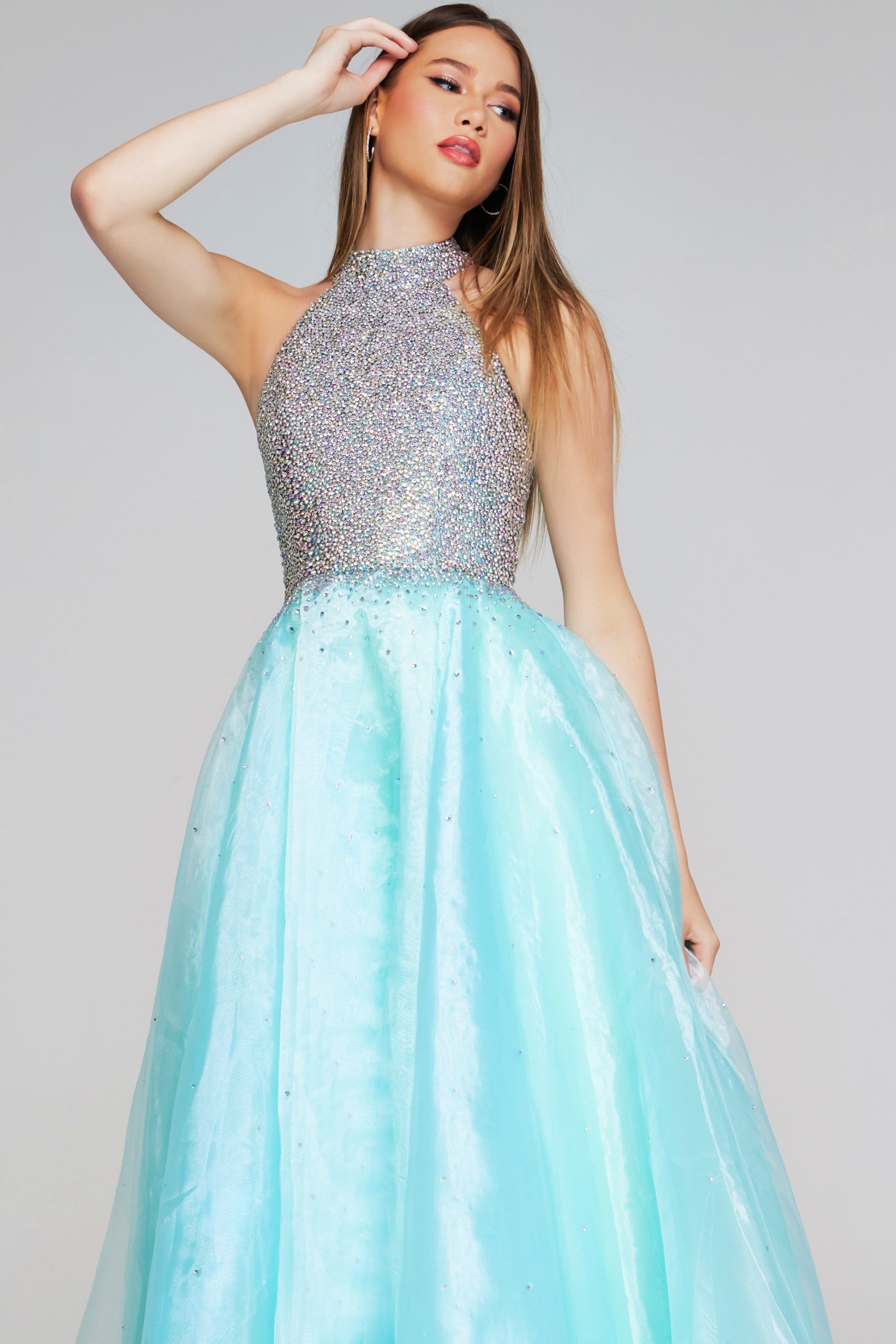 Light Turquoise Beaded Halter Ball Gown K38262 | Jovani