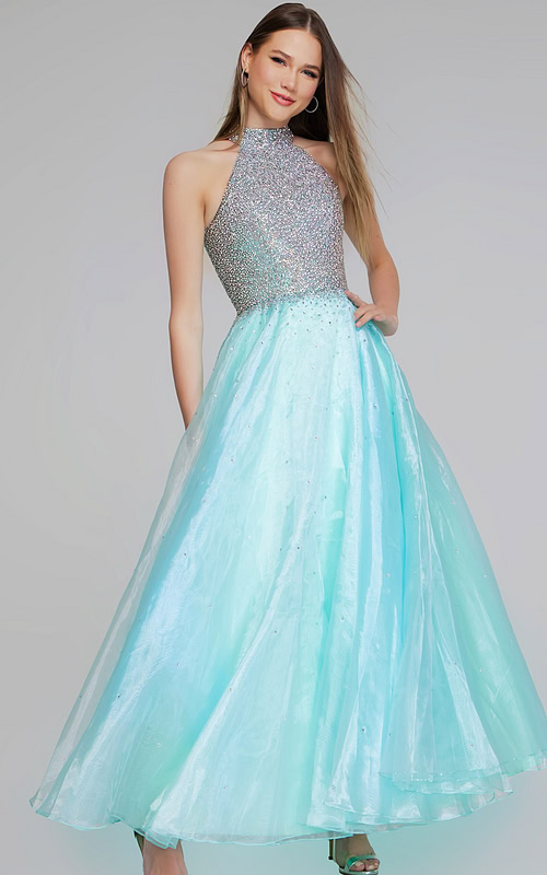Model wearing Jovani K38262 light turquoise dress in front view