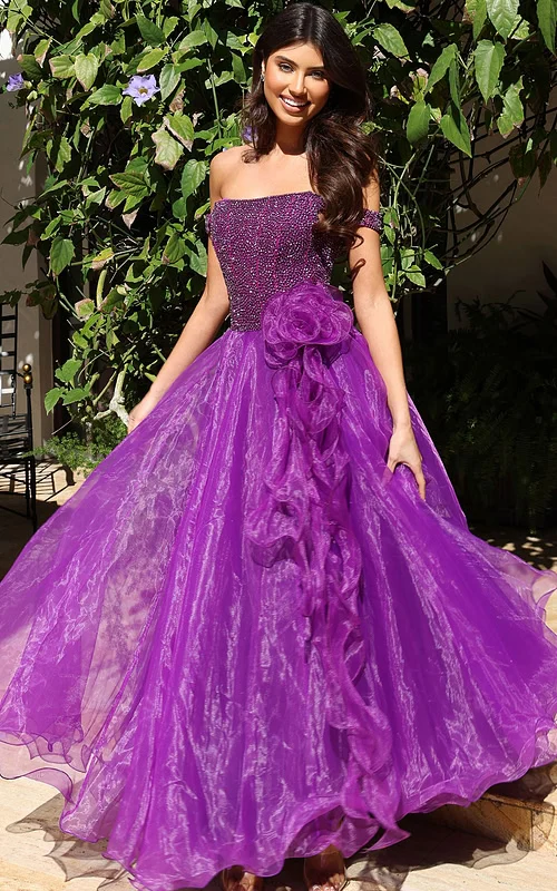 straples spurple embellished dress with rosette detail K38283