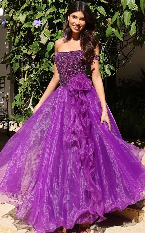 straples spurple embellished dress with rosette detail K38283