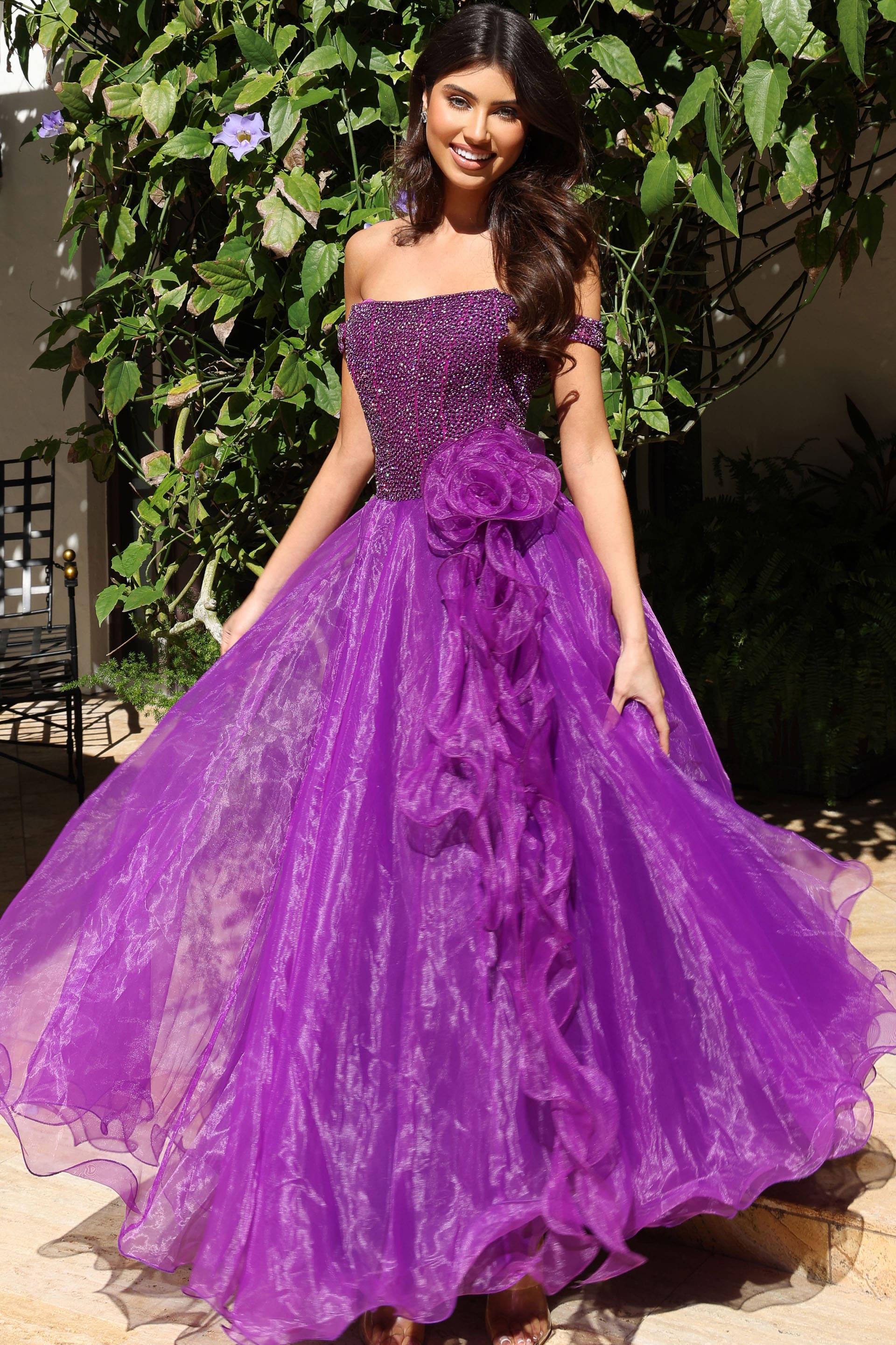 K38283_purple_1 straples spurple embellished dress with rosette detail K38283
